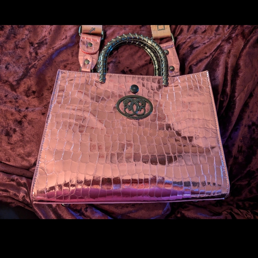 Sharif Metallic Pink Crocodile Embossed Satchel